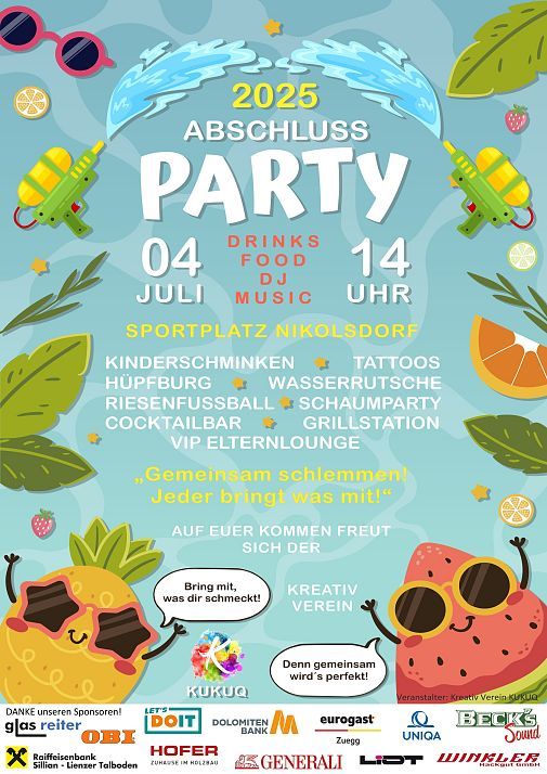 Buntes Plakat für eine Abschlussparty am 4. Juli 2025 mit Essen, Getränken, einem DJ und Aktivitäten für Kinder. Ein lustiges und festliches Design!