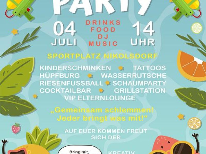 Buntes Plakat für eine Abschlussparty am 4. Juli 2025 mit Essen, Getränken, einem DJ und Aktivitäten für Kinder. Ein lustiges und festliches Design!