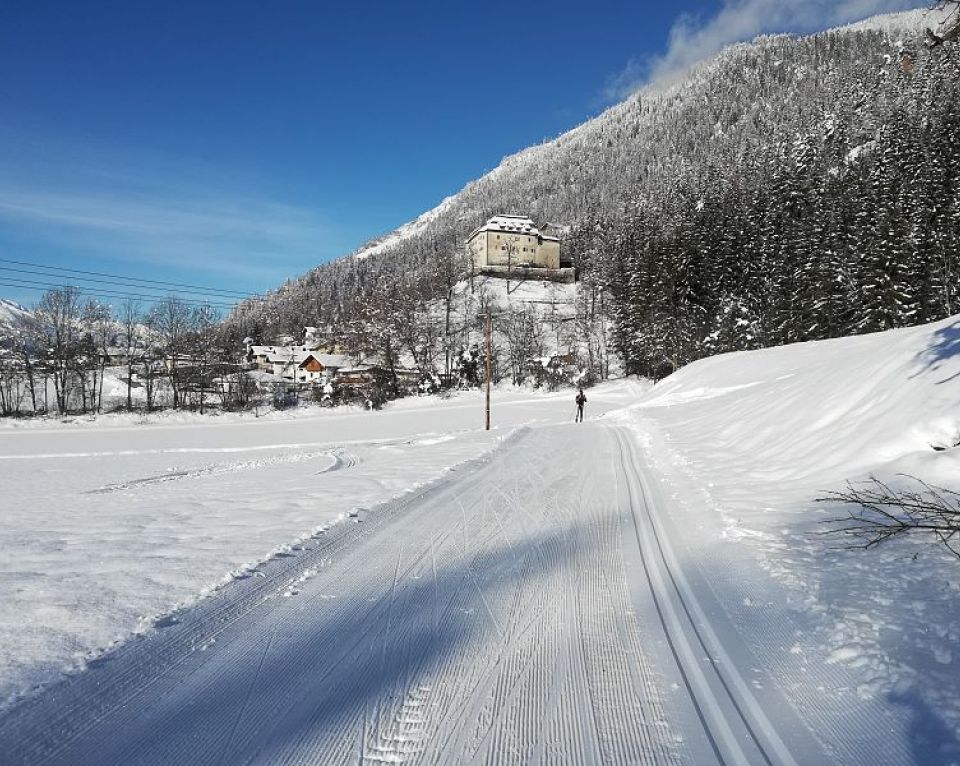 Ein Langläufer gleitet auf einer verschneiten Loipe entlang, im Hintergrund Berge, Wälder und eine Burg in der Ferne